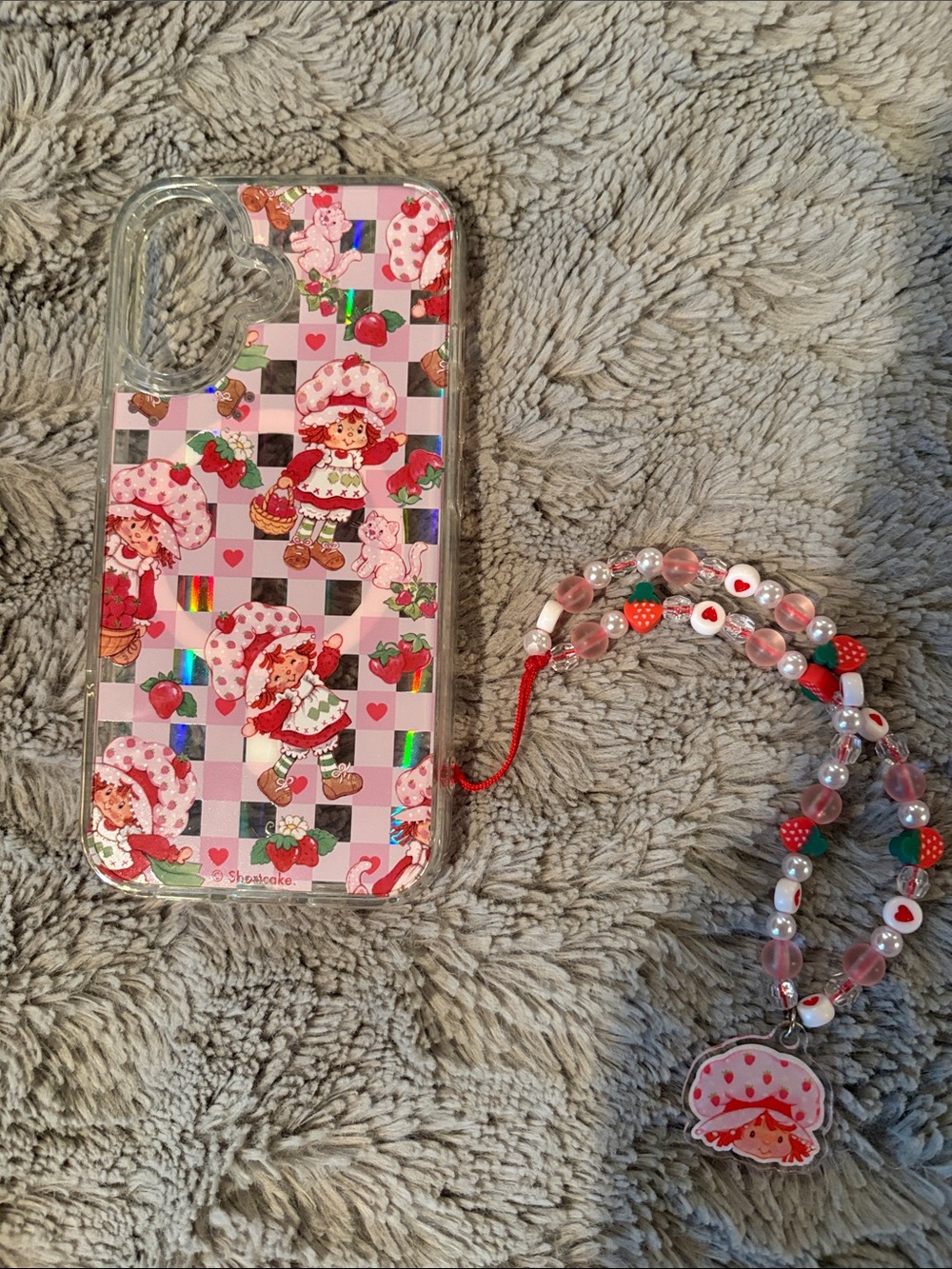 Pink Strawberry Shortcake Pattern iPhone 16 Case with Beaded Strap